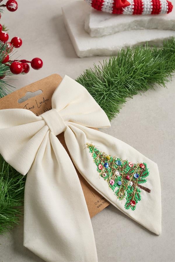 White Christmas Tree Embroidered Bow Tie