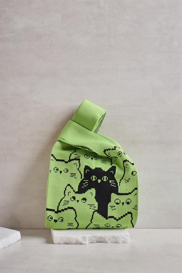 Cats Green Knitted Tote Bag