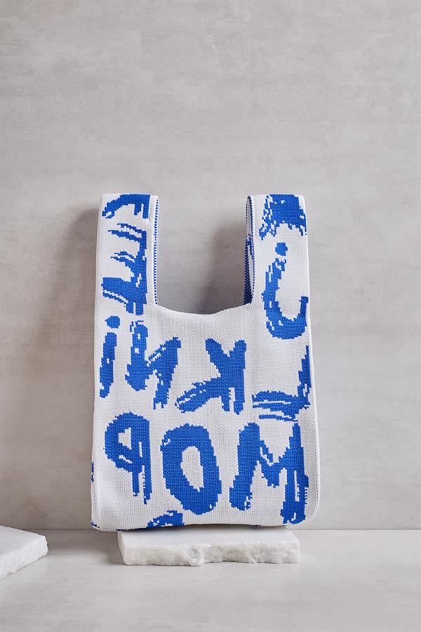 Blue Letter Knitted Tote Bag