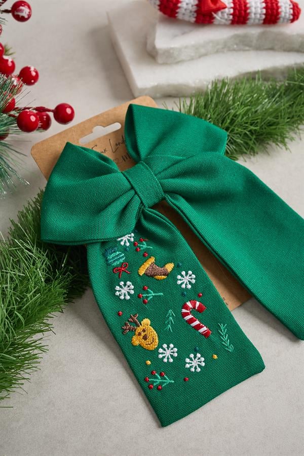 Green Christmas Embroidered Bow Tie