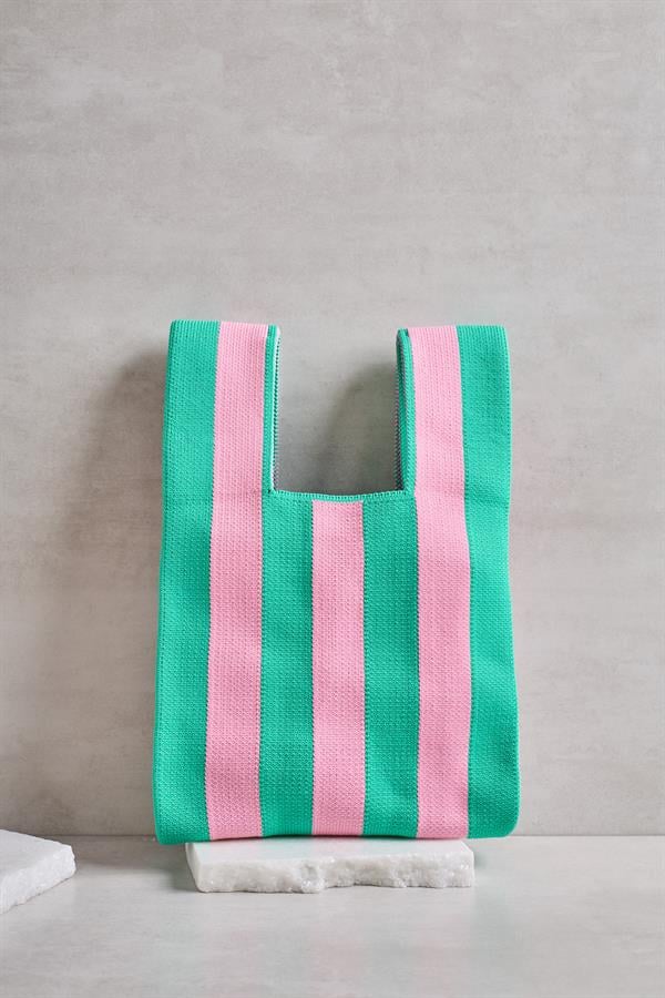 Green-Pink Striped Knitted Tote Bag