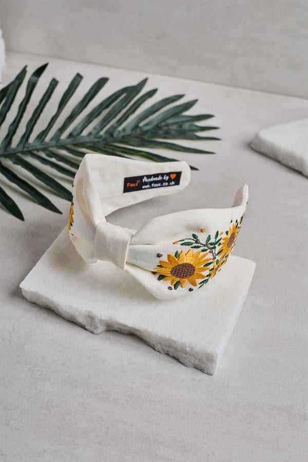 Sunflower Embroidery Headband White