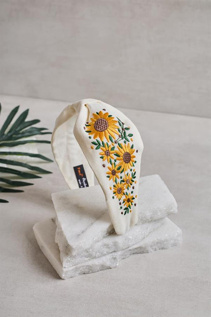 Sunflower Embroidery Headband White