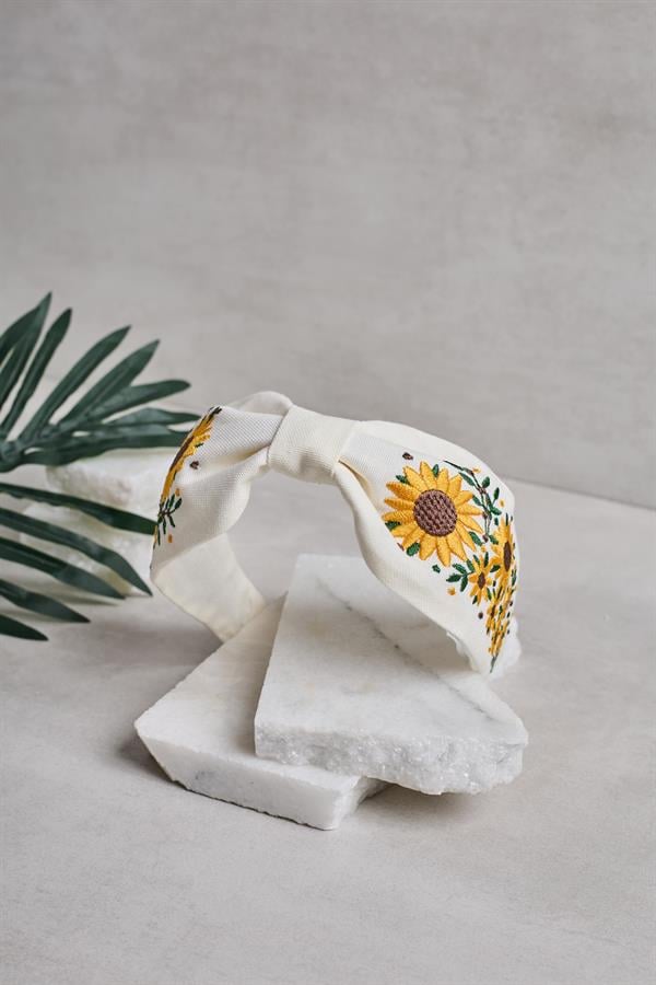 Sunflower Embroidery Headband White