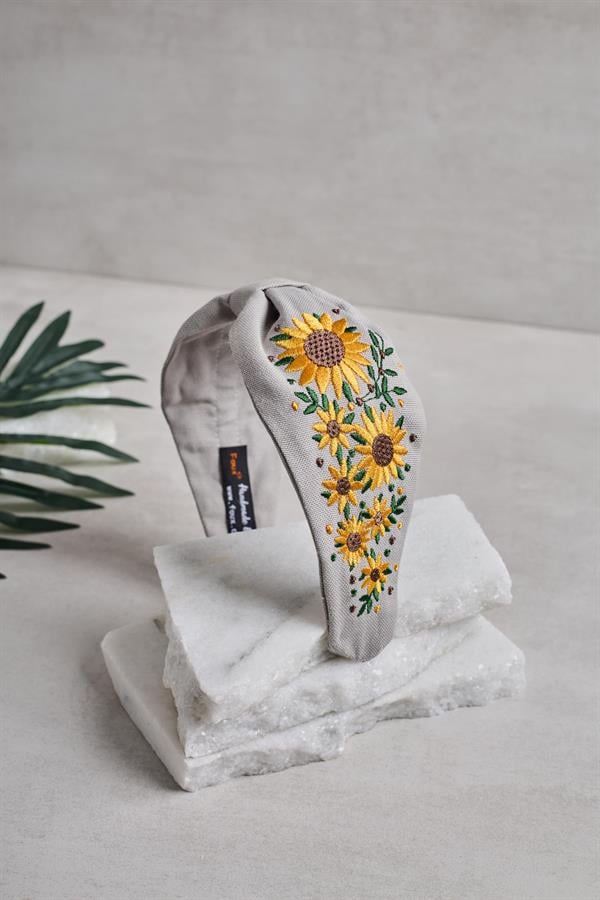 Sunflower Embroidery Headband Gray