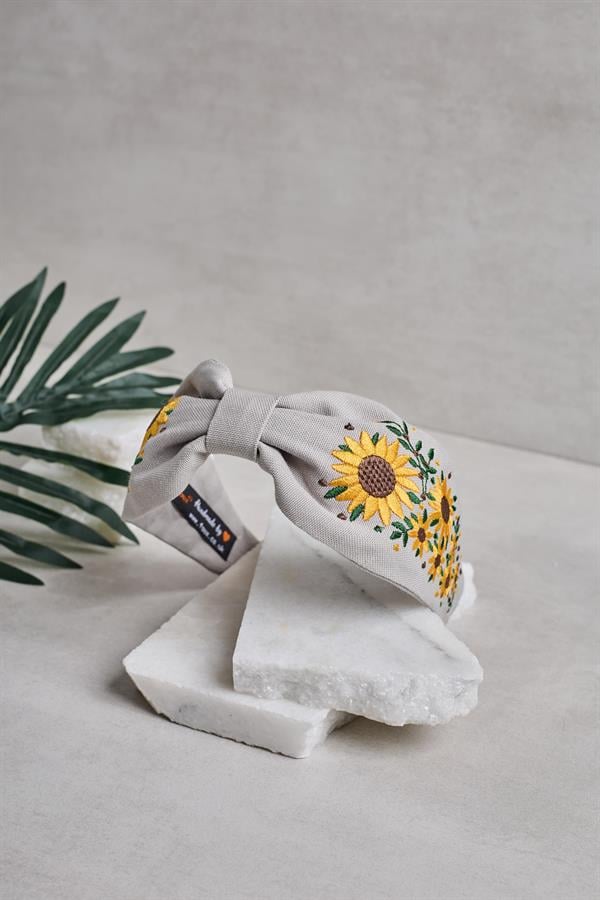 Sunflower Embroidery Headband Gray