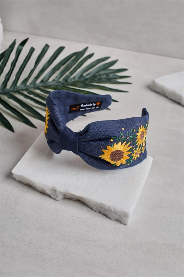 Sunflower Embroidery Headband Navy Blue