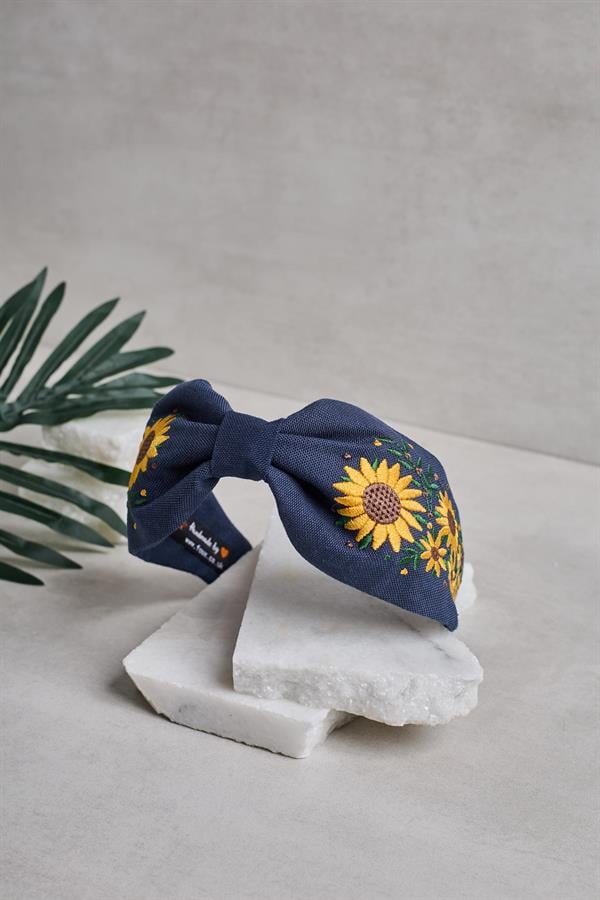 Sunflower Embroidery Headband Navy Blue
