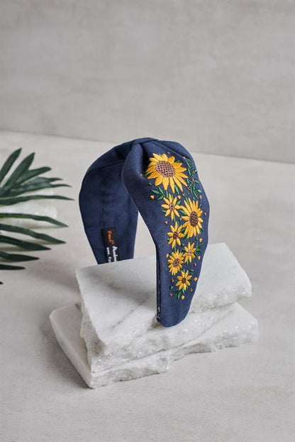 Sunflower Embroidery Headband Navy Blue