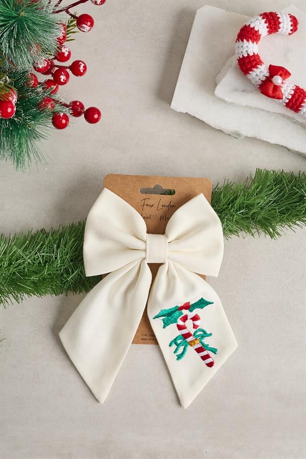 Candy Cane Embroidered Bow Tie White