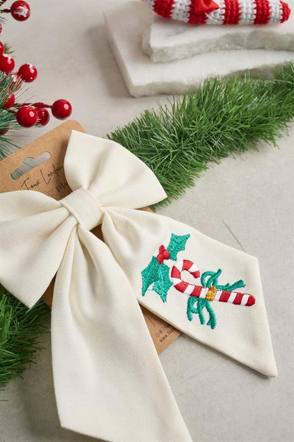 Candy Cane Embroidered Bow Tie White