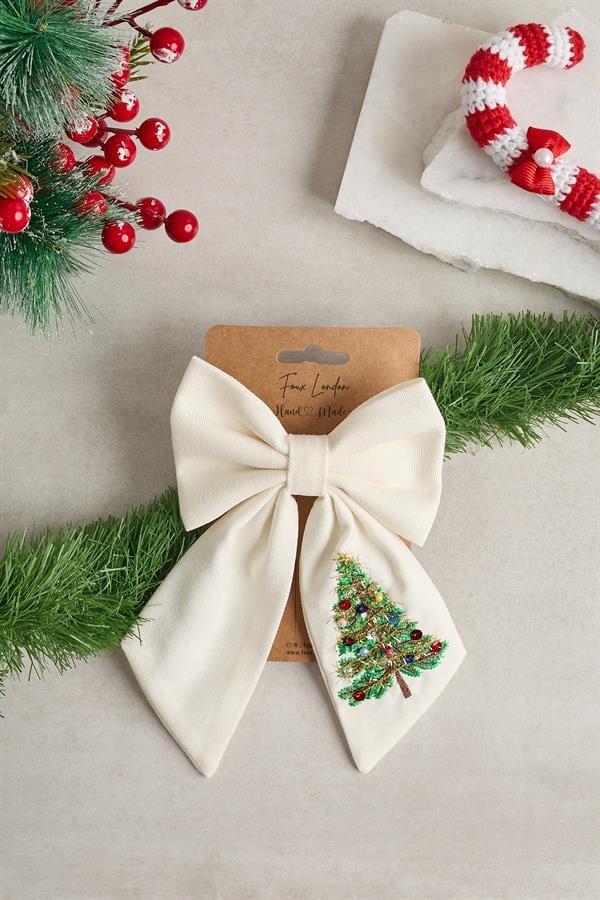 White Christmas Tree Embroidered Bow Tie