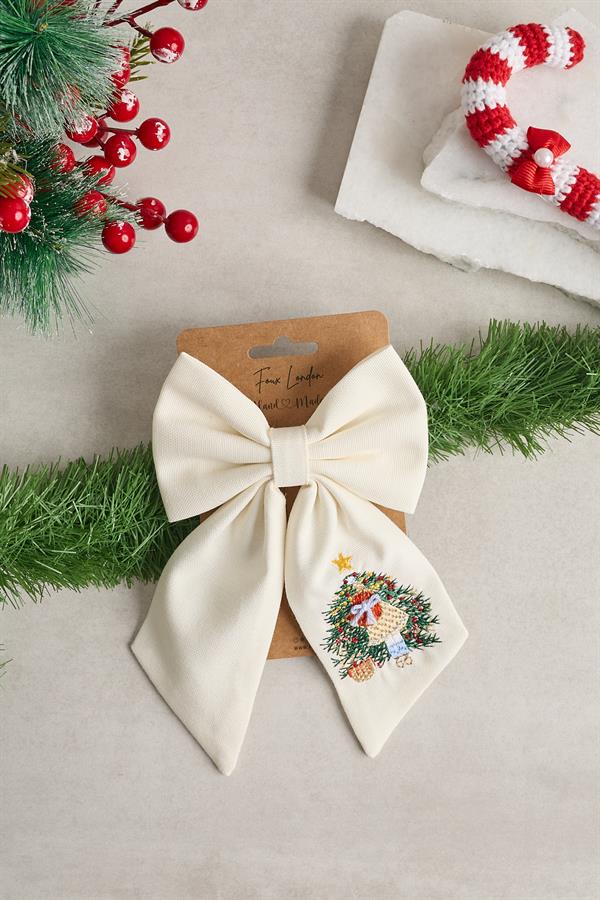 Girl with White Christmas Tree Embroidered Bow Tie