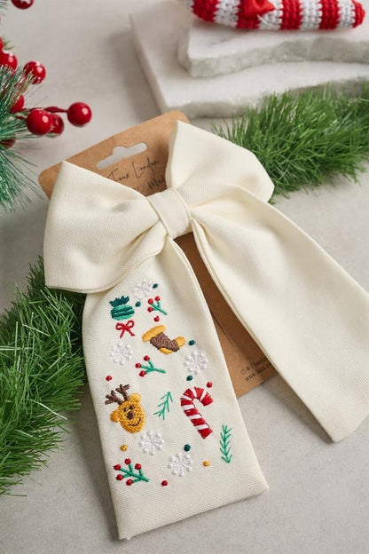 White Christmas Embroidered Bow Tie