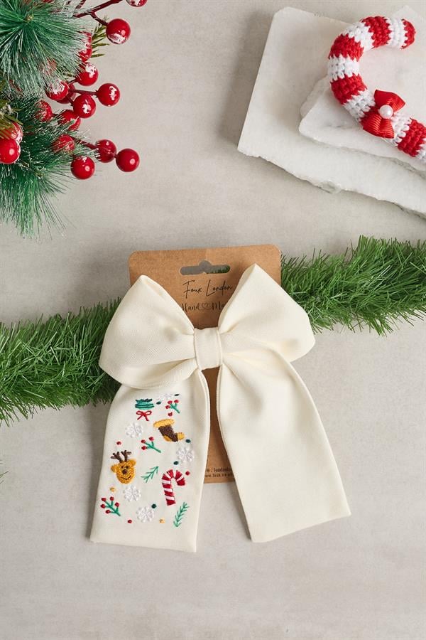 White Christmas Embroidered Bow Tie