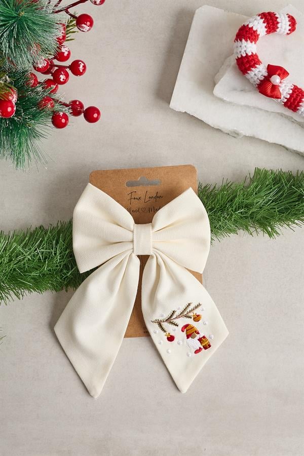 White Lucky Gnome Embroidered Bow Tie