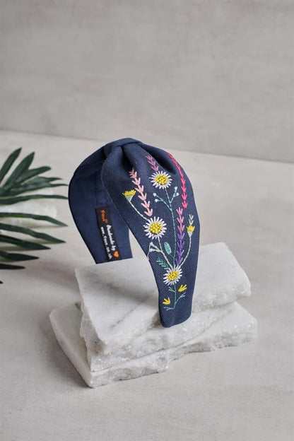 Daisy Embroidery Headband Navy Blue