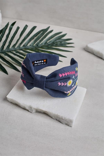Daisy Embroidery Headband Navy Blue