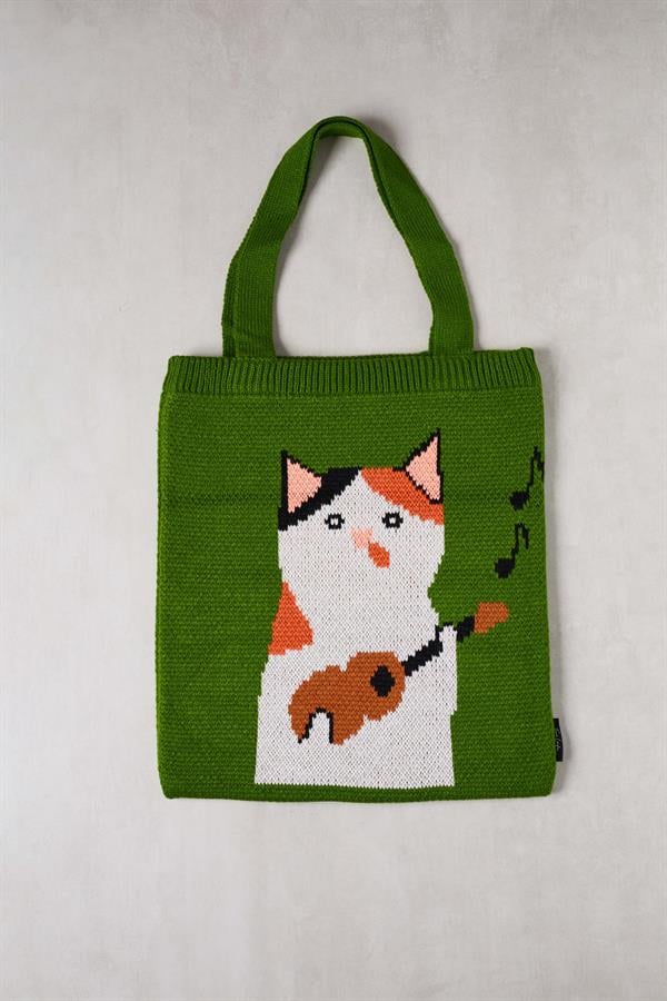 Guitar Cat Knitted Tote Bag