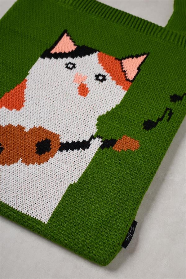 Guitar Cat Knitted Tote Bag