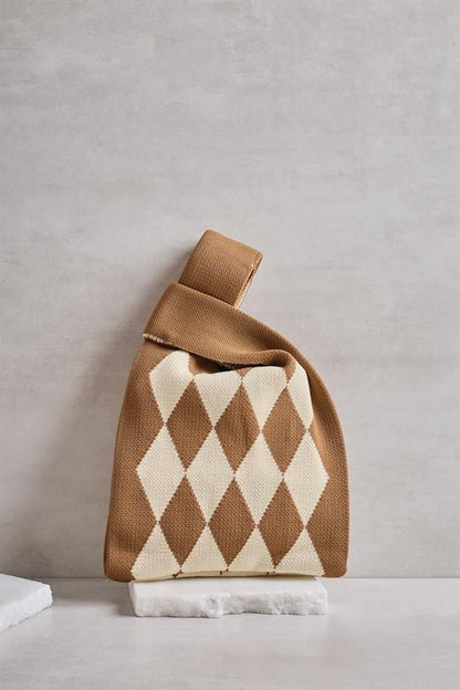Brown Diamond Patterned Knitted Tote Bag