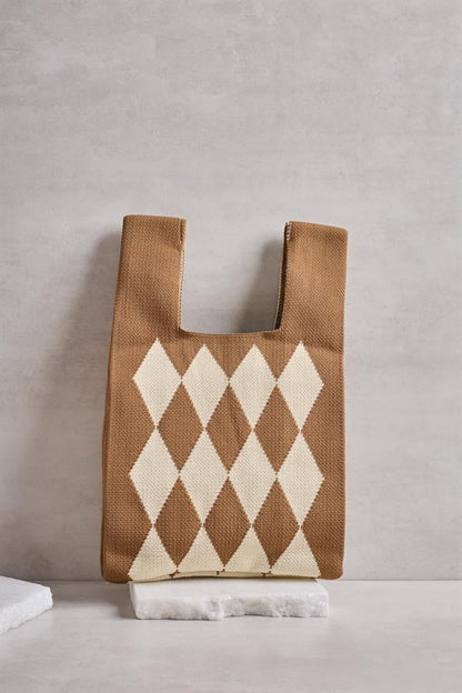 Brown Diamond Patterned Knitted Tote Bag