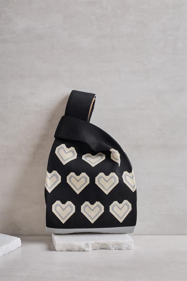 Black Knitted Tote Bag with Heart