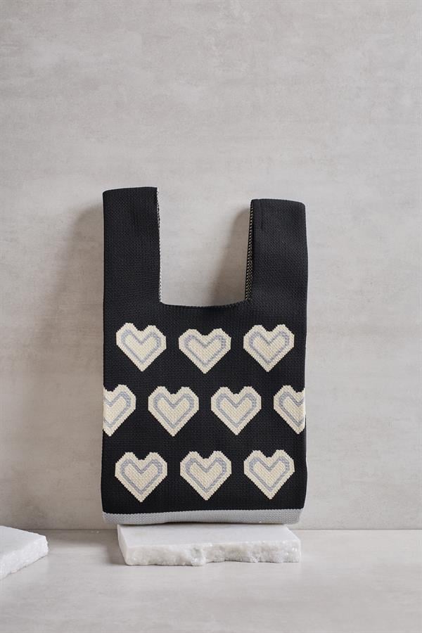 Black Knitted Tote Bag with Heart