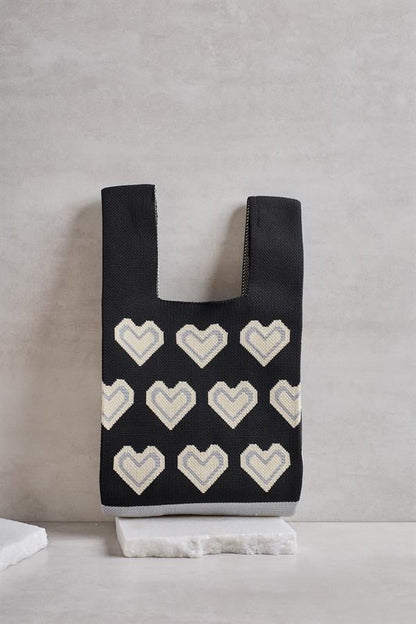 Black Knitted Tote Bag with Heart
