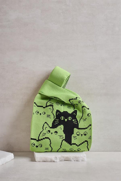 Cats Green Knitted Tote Bag