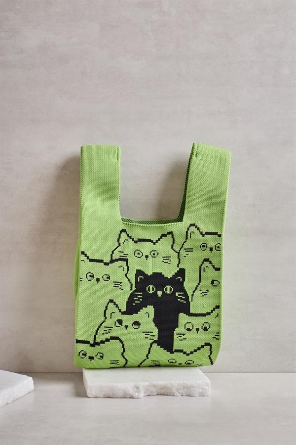 Cats Green Knitted Tote Bag