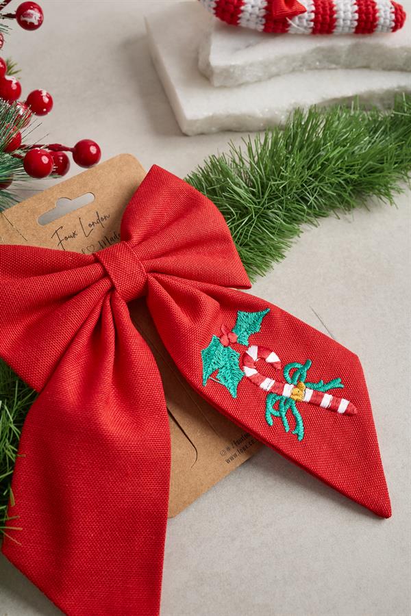 Red Cane Embroidered Bow Tie