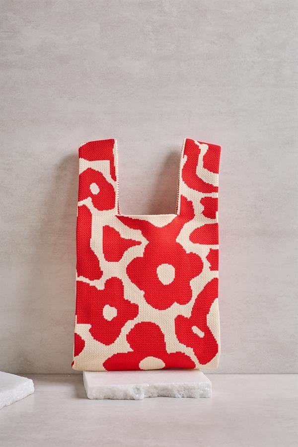 Red Floral Knitted Tote Bag