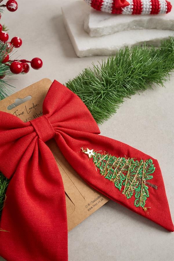 Red Christmas Tree Embroidered Bow Tie