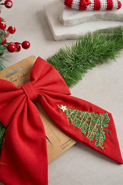 Red Christmas Tree Embroidered Bow Tie