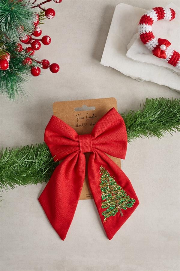 Red Christmas Tree Embroidered Bow Tie