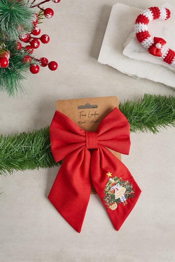 Girl with Red Christmas Tree Embroidered Bow Tie