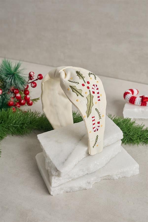 Candy Cane Embroidered Headband Cream