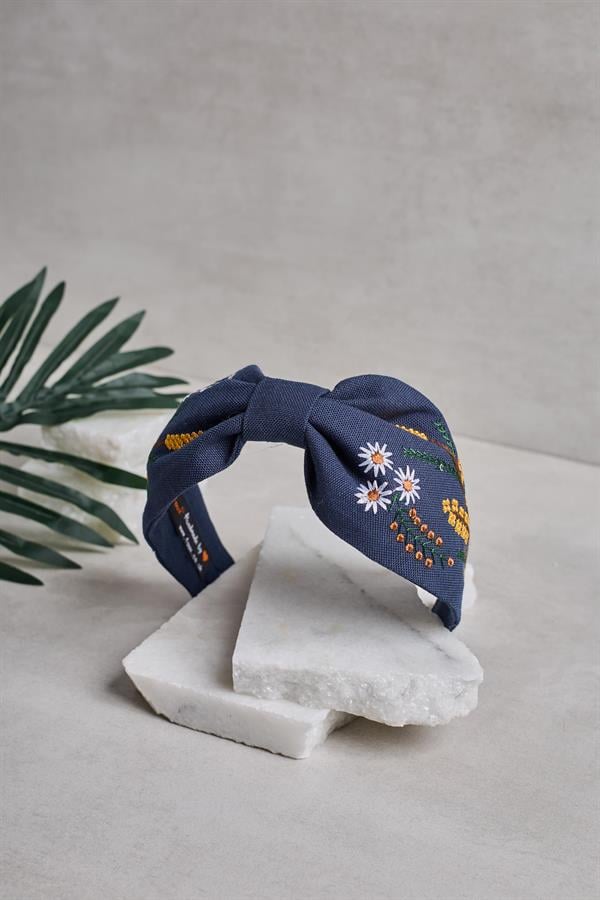 Mimosa Embroidery Headband Navy Blue