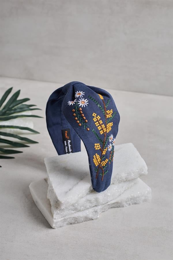 Mimosa Embroidery Headband Navy Blue