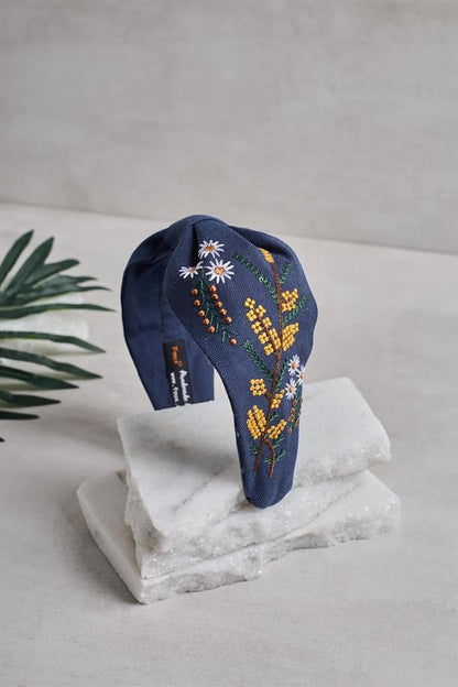 Mimosa Embroidery Headband Navy Blue
