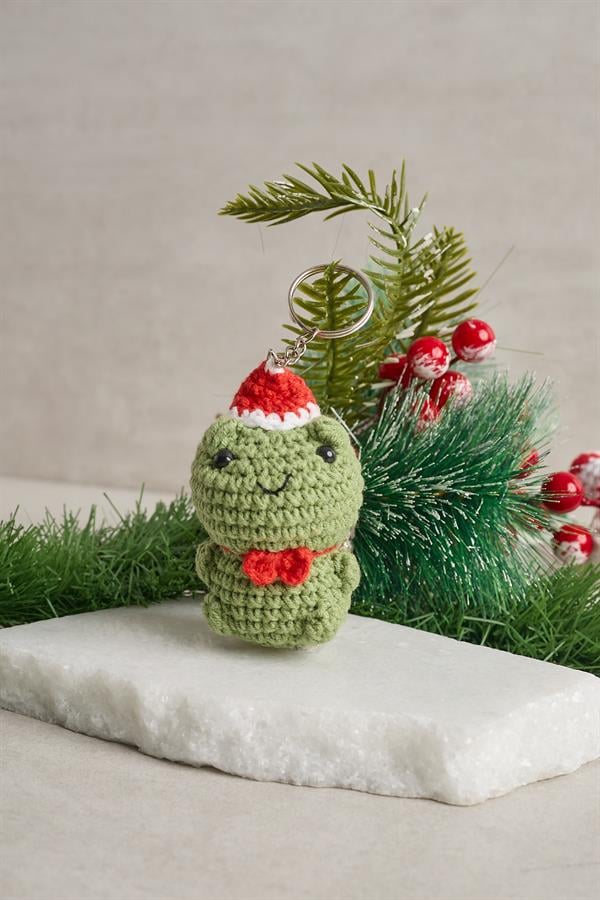 Frog Knitted Keychain with Christmas Hat