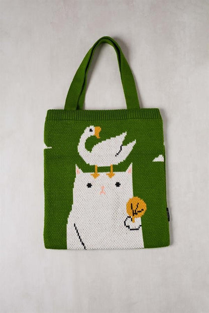 Duck And Cat Knitted Tote Bag