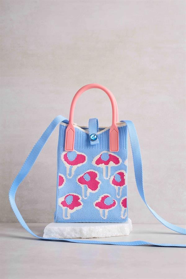 Blue Knitted Bag with Pink Poppy