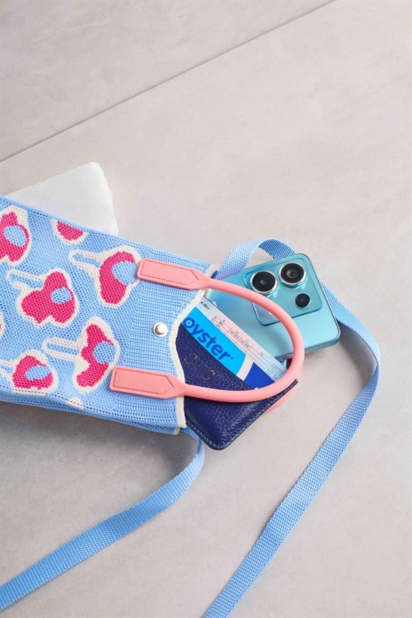 Blue Knitted Bag with Pink Poppy