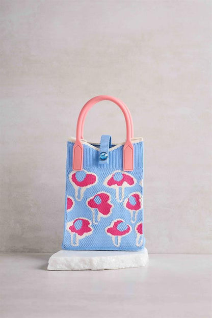 Blue Knitted Bag with Pink Poppy