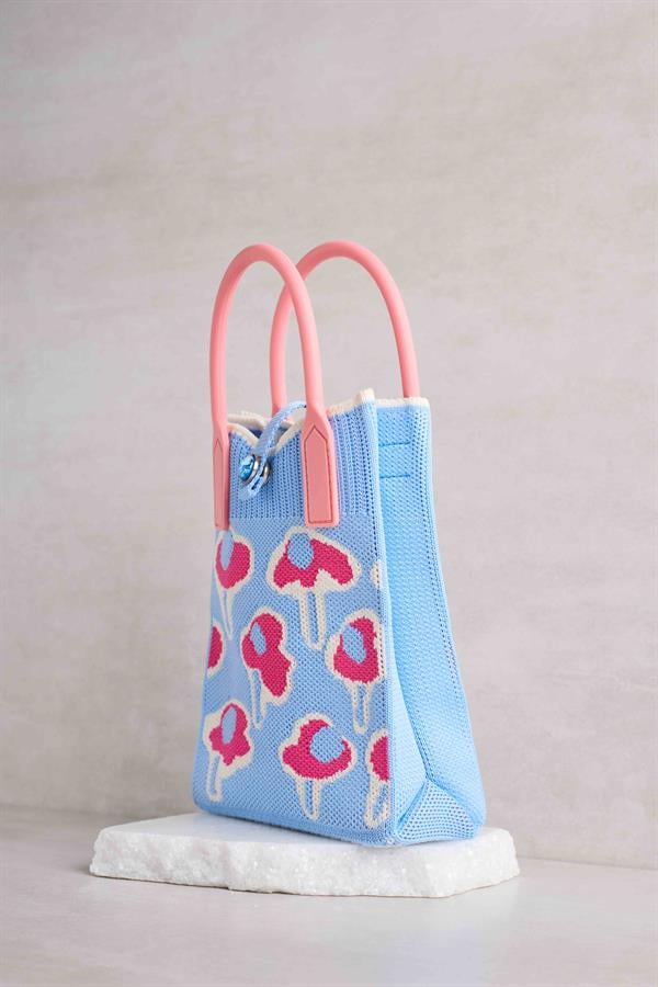 Blue Knitted Bag with Pink Poppy