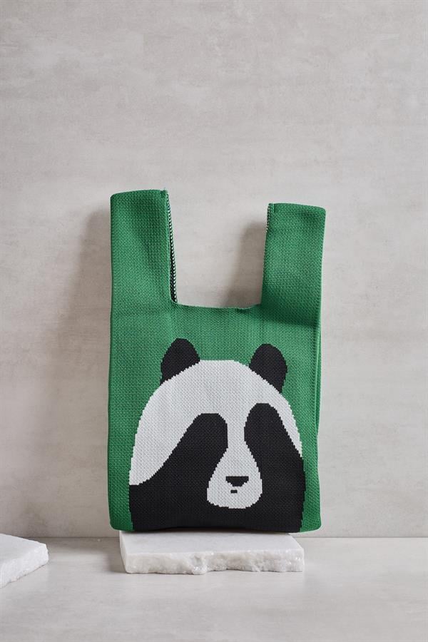 Green Panda Knitted Tote Bag