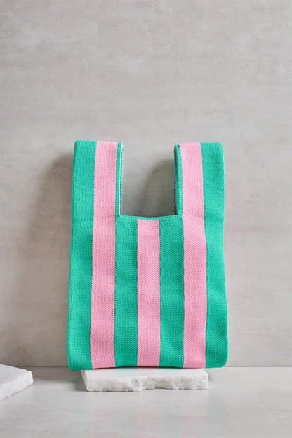 Green-Pink Striped Knitted Tote Bag