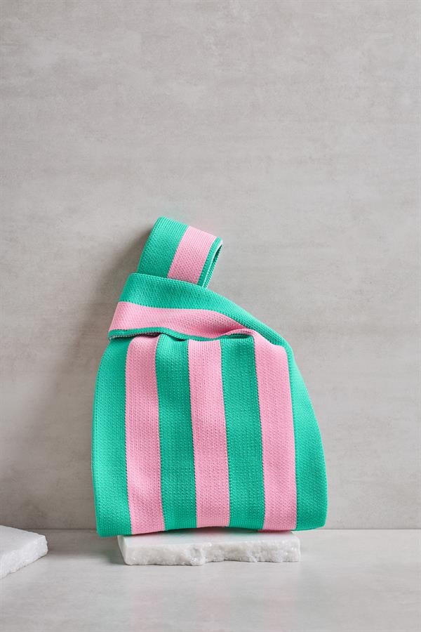 Green-Pink Striped Knitted Tote Bag